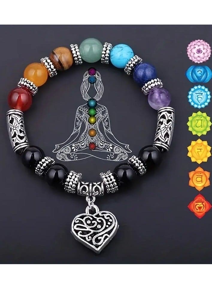 Elegant Vintage Heart-Shaped 7 Chakra Natural Stone Bracelet with Lotus Beads - Ideal for Daily Wear Gifting, Perfect Valentine's Day Present, for Lotus Flower Jewelry