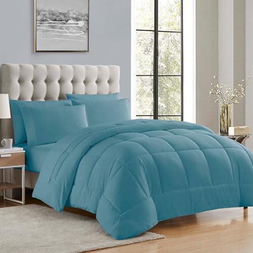 Sweet Home Collection 7 Piece Comforter Set Bag Solid Color All Season Soft Down Alternative Blanket & Luxurious Microfiber Bed Sheets, Misty Blue, Full