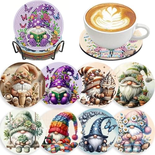 8 PCS Gnome Diamond Art CoastersGnomes Diamond Painting Coasters Kits with Holder DIY Gnome Coasters Kit with Cork Bases for Adults Beginners as Gift Home Decors