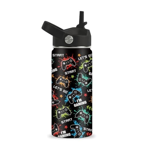 ROVOZAR Game Water Bottle - 16oz Game Controller Stainless Steel Water Bottle with Straw - Funny Gamer Insulated Cup for Boys - Gaming Kids Tumbler for School, Sports, Travel