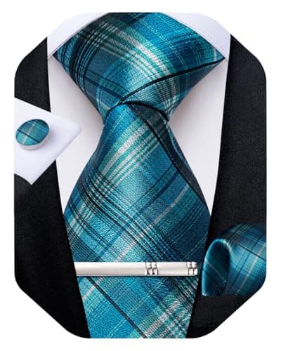 DiBanGu Plaid Ties for Men Silk Checkered Necktie and Pocket Square Cufflinks Tie Clip Set with Gift Box for Wedding Business, Teal