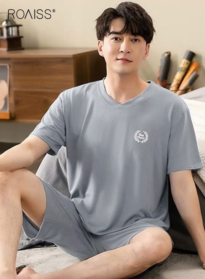 Men's 2 Piece Pajama Set Short Sleeves and Shorts Modal Pajamas Loose Comfortable Homewear Skin Friendly Fabric Loungewear Set Soft Versatile Design Blue