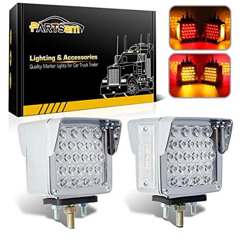 Partsam Double Face Square LED Fender Pedestal Lights Amber/Red 52 LED 3 Studs Mount Truck Trailer Stop Tail Turn Signal Lights Chrome Visor Waterproof w/Side Reflex Clearance Lights Clear Lens