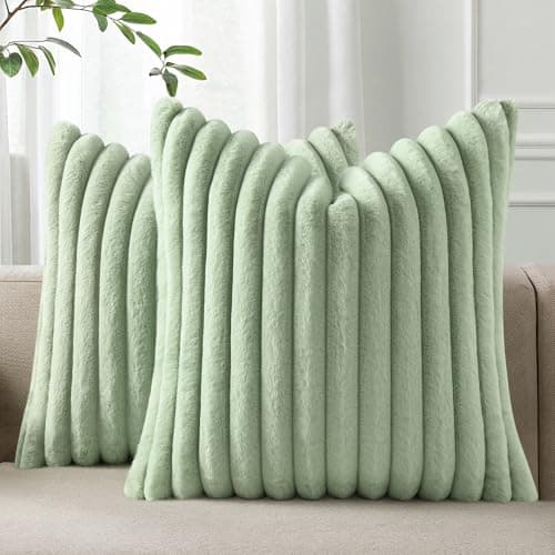 Pallene Faux Fur Plush Throw Pillow Covers 26x26 Set of 2, Luxury Soft Fluffy Striped Decorative Pillow Covers for Sofa, Couch, Living Room, Sage Green
