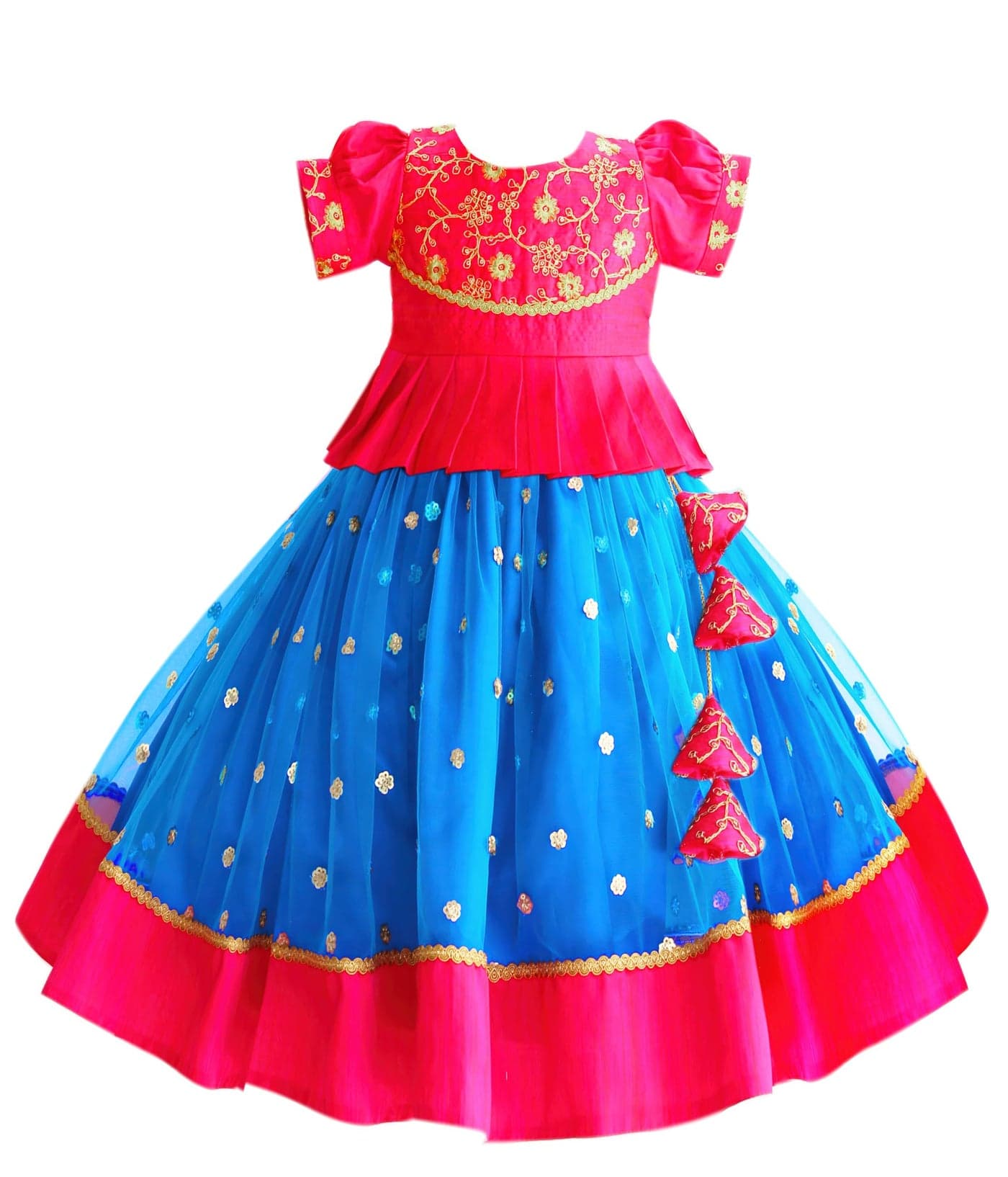 Stanwells Kids Sequined Sky Blue & Pink Combo Baby-Girl Readymade Sequins Embroidery South Indian Lehenga Choli Set, 6-12 Months