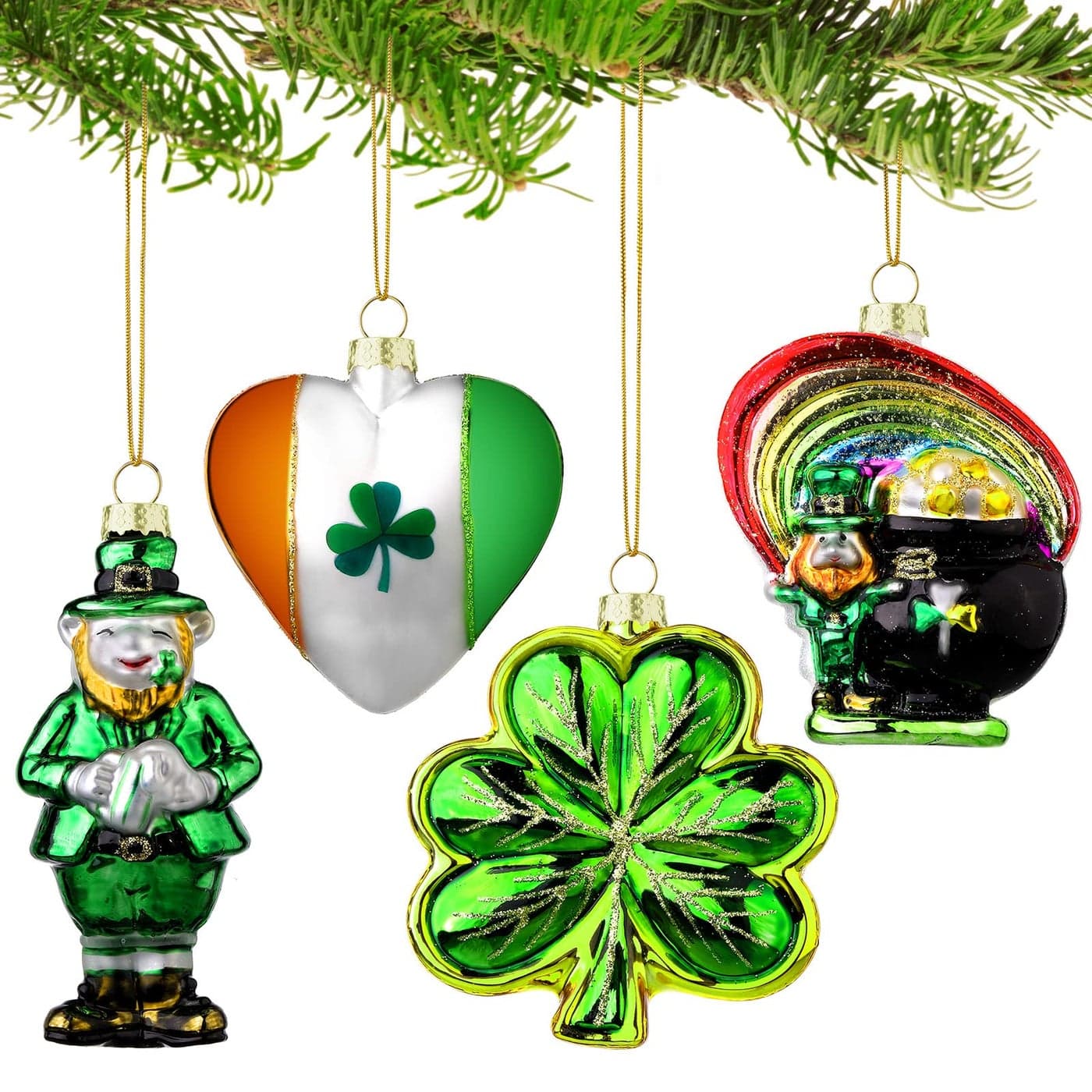 4 Pcs Christmas Irish Ornaments Glass Blown Christmas Tree Hanging Ornaments Set Green Shamrock Rainbow Leprechaun Gold Pot Heart Ireland Bauble Filler for Xmas Holiday Party Decor