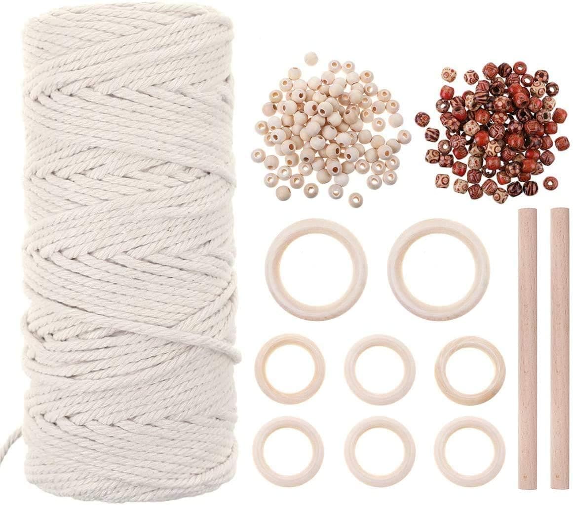 Macrame Wall Hanging & Plant Hanger Kit, 3mm Cord with Beads, Wood Dowels, Rings, E-Book, DIY Craft Set for Adults & Beginners, Home Decor