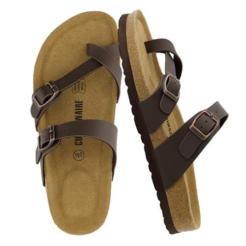 CUSHIONAIRE Luna Crossover Toe Strap Womens Sandals – Cork Footbed Slides with Adjustable Straps, Summer Sandals for Women 2025, BROWN 10
