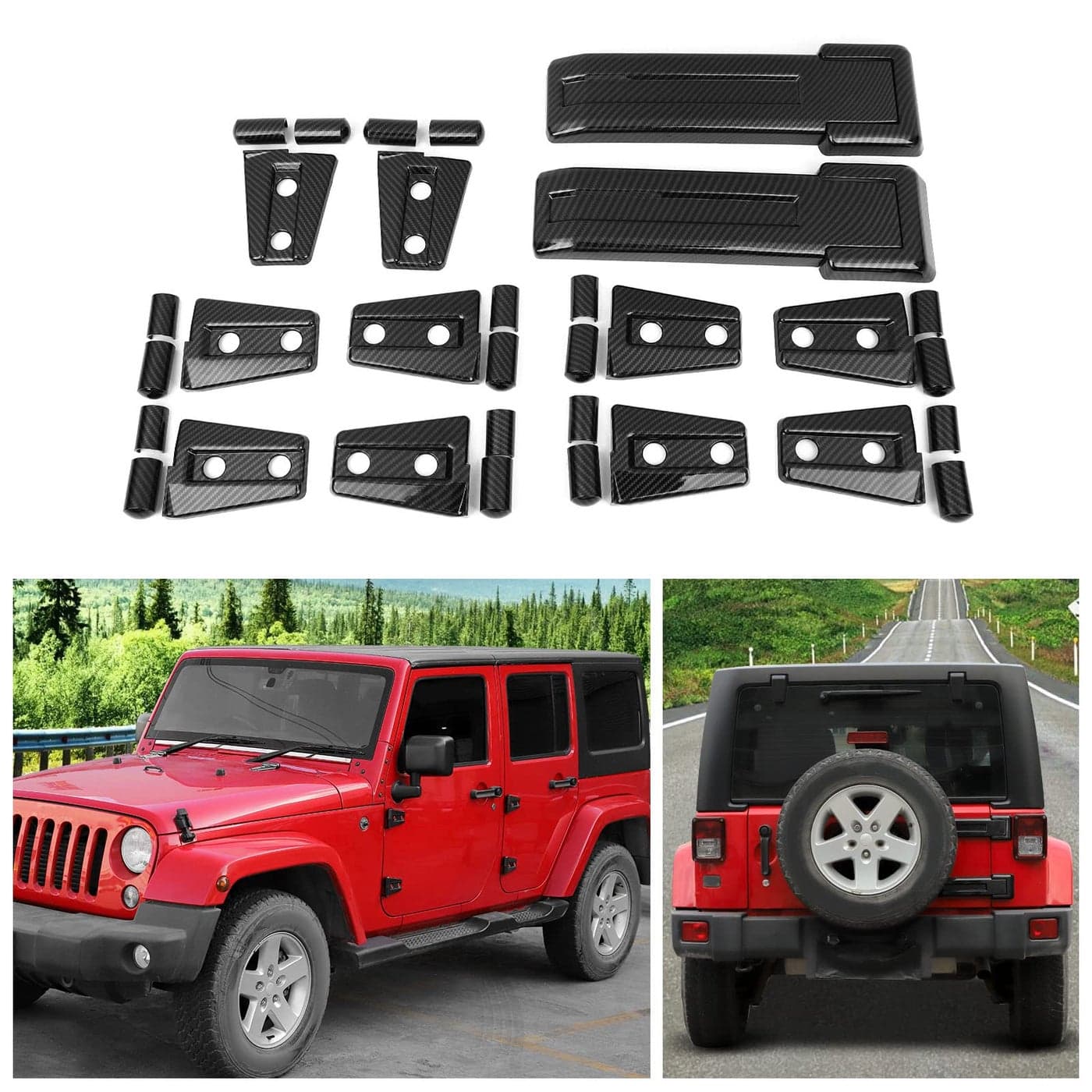 SQQP Carbon Fiber 12PCS Full Set Exterior Decoration Trim Kit Compatible with 20072018 Jeep Wrangler JK JKU Door Hinge Engine Hood Hinge Tailgate Hinge Cover