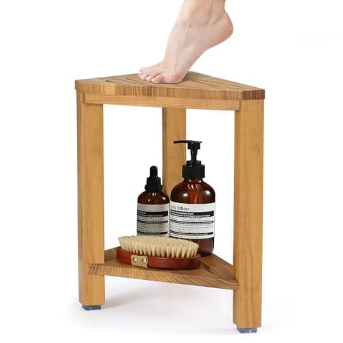 TEAKAURA Teak Corner Shower Stool 15in Wood Shower Bench Seat with Storage Shelf Waterproof Shower Foot Stool for Shaving Legs Ideal for Inside Shower or Bathroom