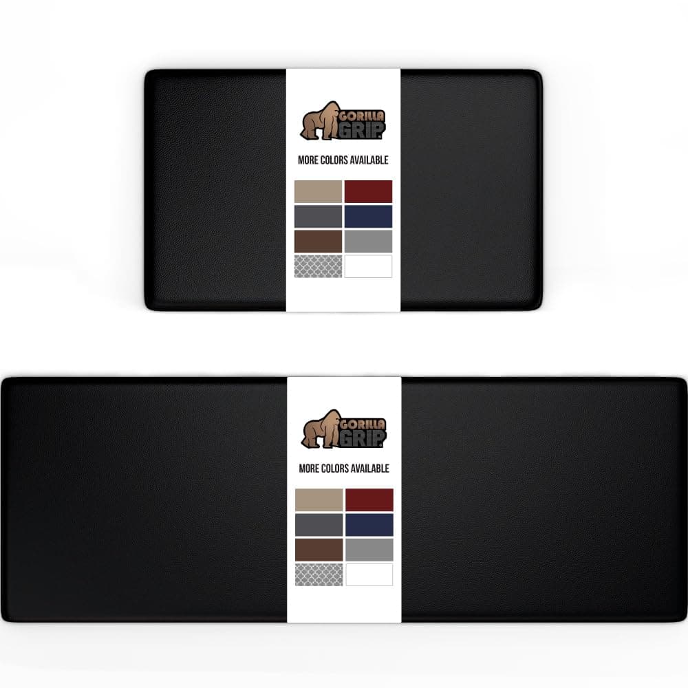 GORILLA GRIP Set of 2 Soft Anti Fatigue Mats for Kitchen Floor, 17x29 + 17x59, Stain and Scratch Resistant, Waterproof Ergonomic Standing Office Desk Mat, Supportive Memory Foam Rug, 1/2" Thick, Black
