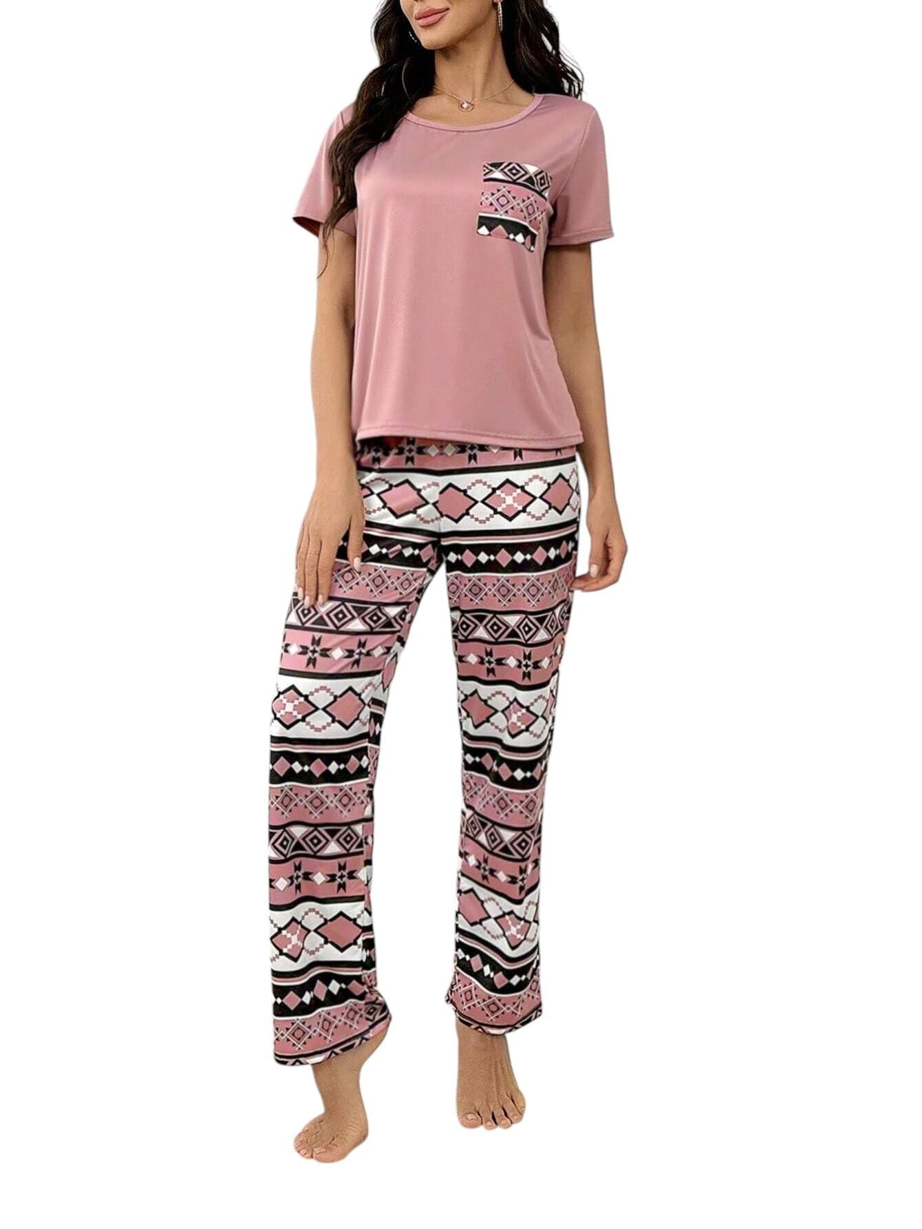 LITZO Womens Night Suit || Printed Round Neck Short Sleeve Nightsuit Set | Pajama Set | Casual Night Dress for Women (L-26-XL) Pink