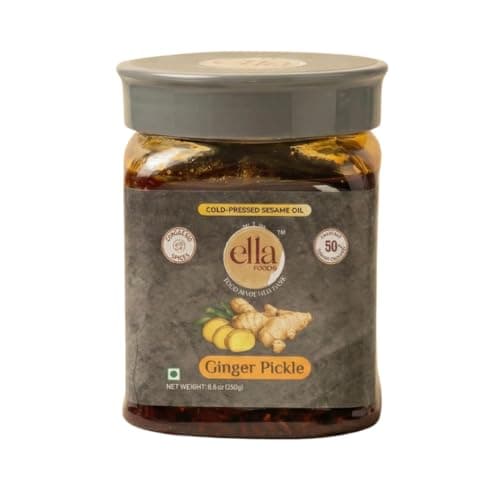 Ella Foods Ginger Pickle Andhra Style (250g) | 40% Less Sodium, Rich in Antioxidants | Made with Cold-Pressed Sesame Oil, Authentic Homemade, Fresh & Tangy | Naturally Fresh Andhra Ginger Achar