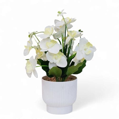 CURATED CART Flower Pot with Artificial Flowers - Orchid White Flower with White Vase | Ideal for Home Décor | Office Décor | Gifting | Size 25 x 15cm