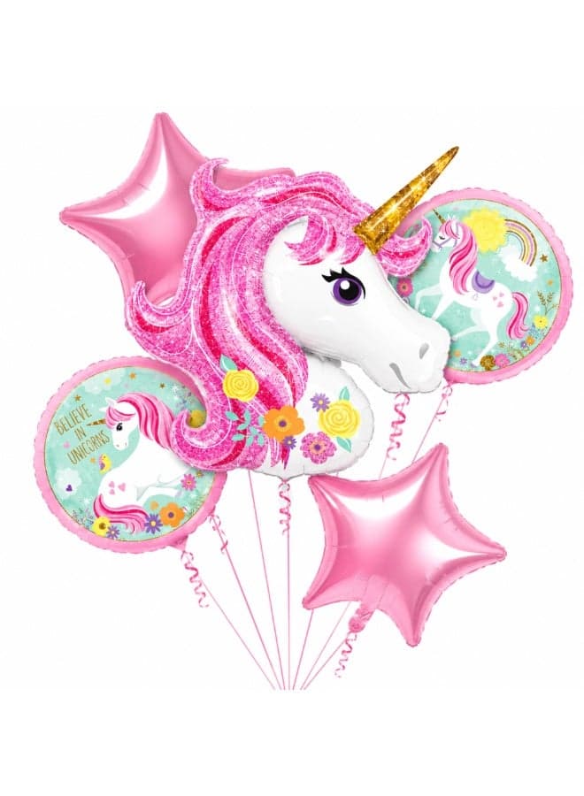 Unicorn Balloons Birthday Party Decorations 5-Pack, Pink Mylar Unicorn Balloon Set with Star and Round Foil Balloons for Kids Birthday Party, Baby Shower & Unicorn Theme Celebration Supplies