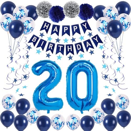 NANINUNENO 20th Blue Birthday Party Decorations for Boy Girl Men Women Happy 20th Birthday Banner 20 Number Balloons Blue Star Streamers Hanging Swirls