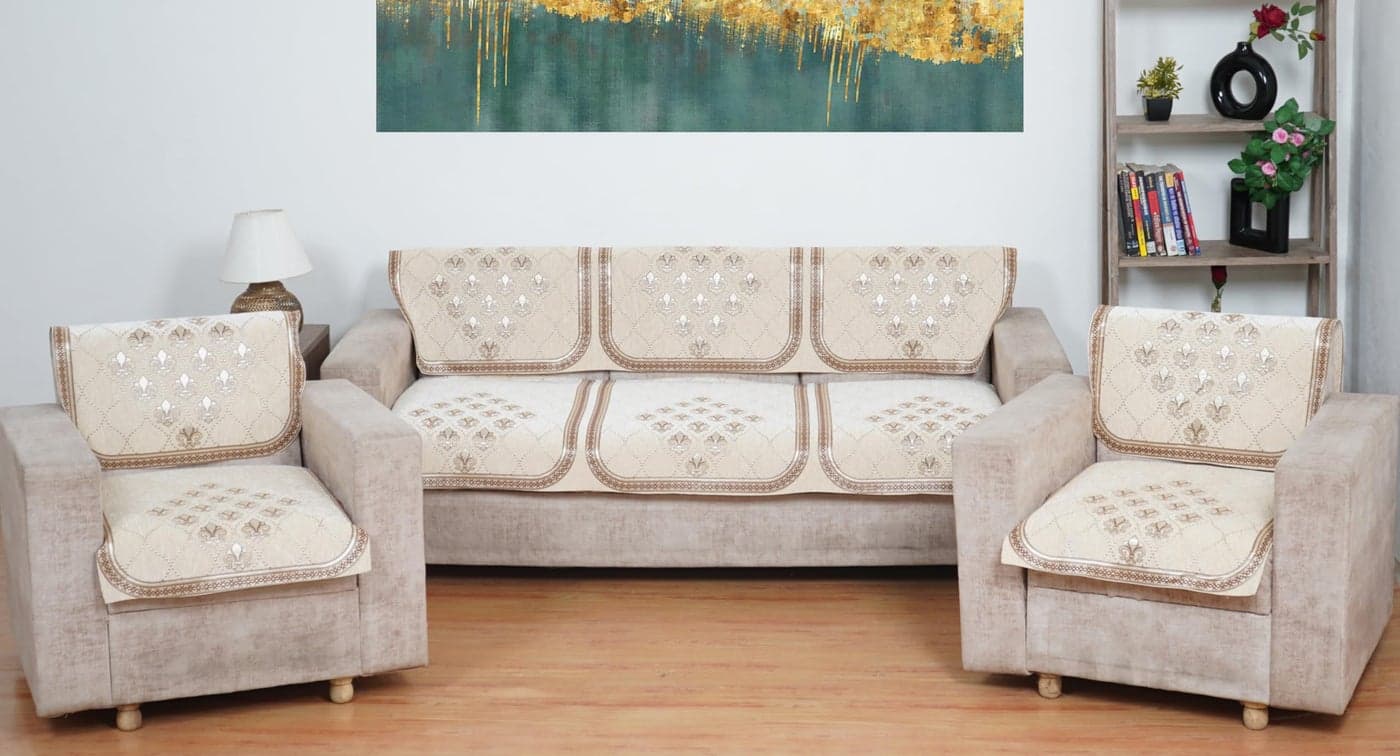 MORADO Chenille 5 Seater Sofa Set Slipcover | Soft & Durable Sofa Cover for Living Room, Drawing Room & Office | Elegant Protective Furniture Cover - Offwhite