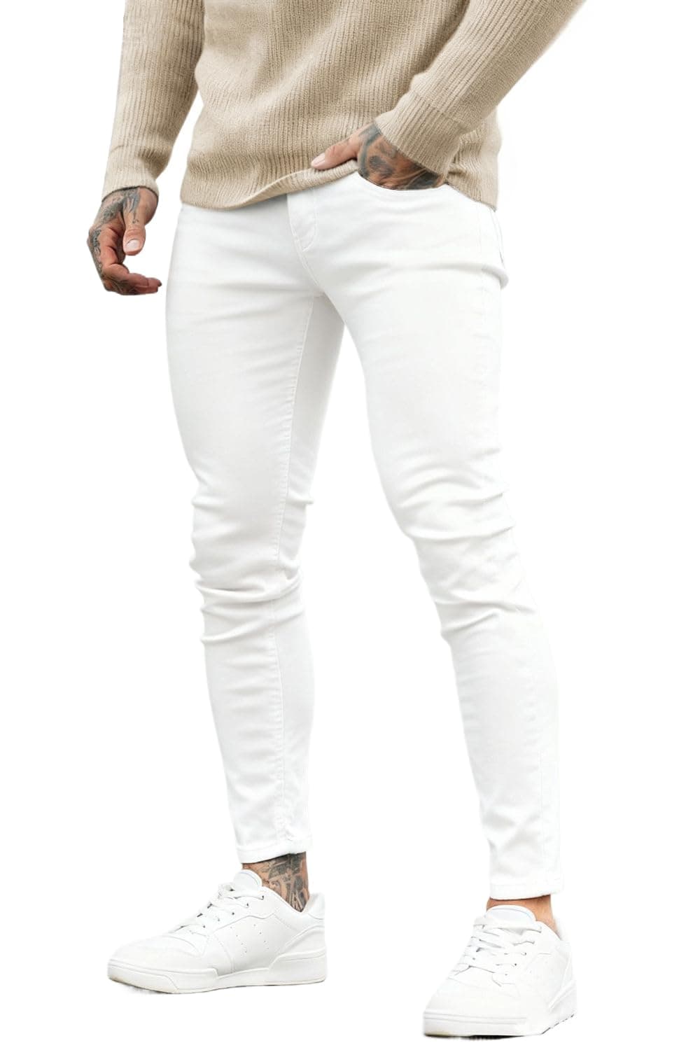 GINGTTO Skinny Jeans Men Slim Fit Stretch Elastic Waist Jeans Pants (32, White)