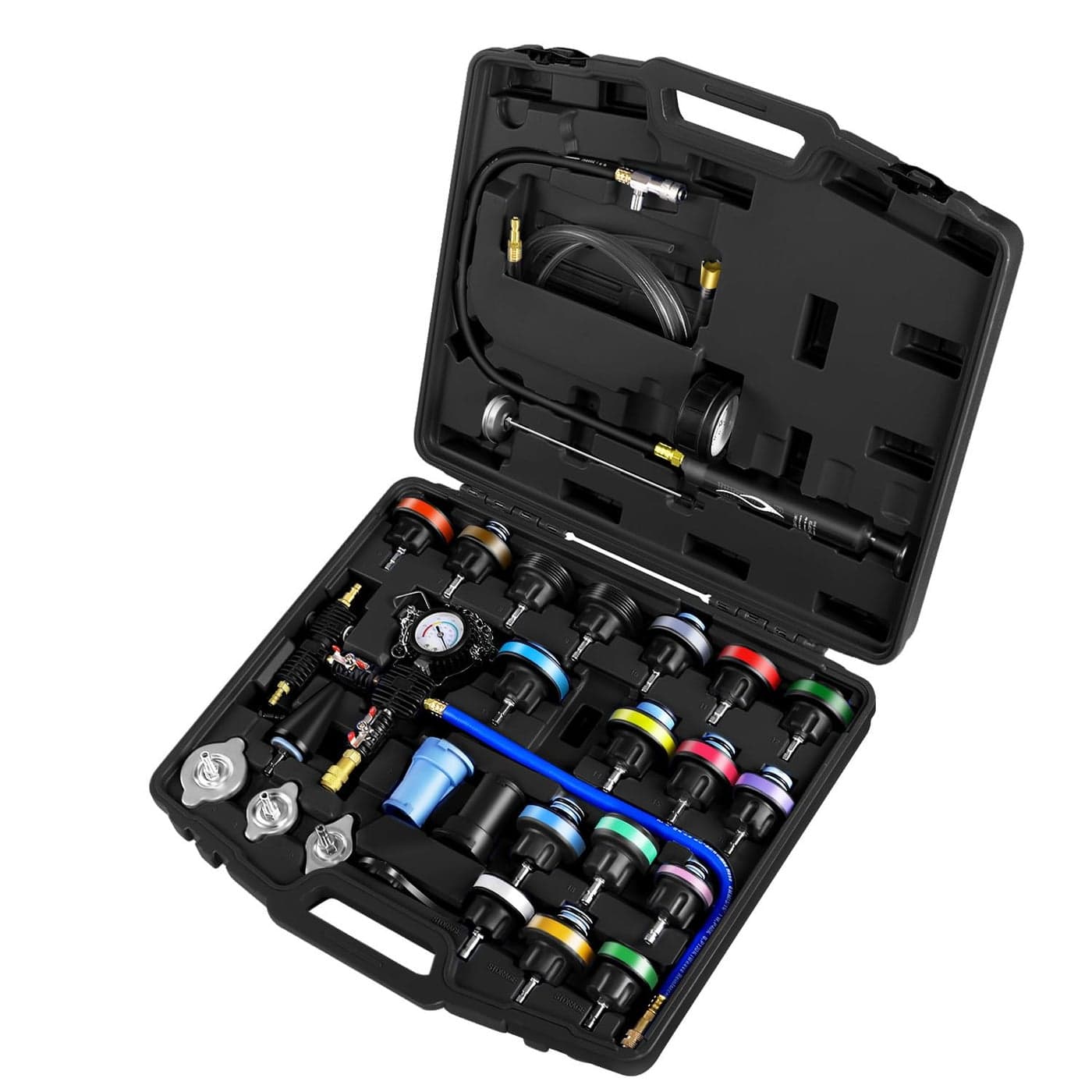 JIFETOR Radiator Coolant Pressure Tester Vacuum Refill Tool Kit 28PCS Automotive Cooling System Leak Test and Pneumatic Purge Fill Set with Testing Adapter Caps Universal for Airlift Car Auto Truck