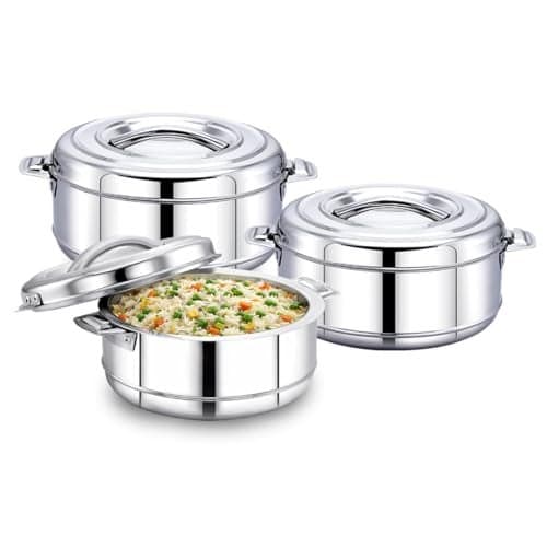AVIAS Astra Stainless Steel Casserole, Set Includes 1000ml 1500ml 2500ml, Double Wall Insulated Hot Pot, Casserole Set for Rice, Gravy, Poha, Curry, Hot Boxes for Kitchen, Hot Case Set of 3