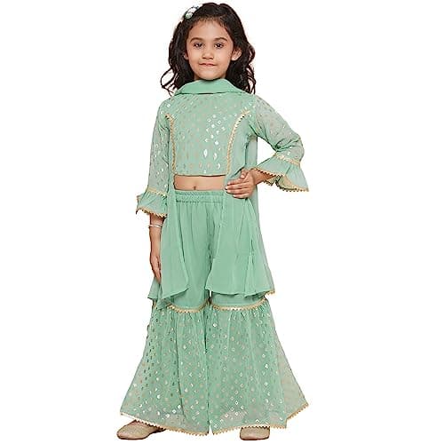 AJ DEZINES Georgette Kids Ethnic Wear Foil Printed Panelled Green Kurta Sharara Set For Girls With Dupatta (G-1094-Green-38), 14-15 Years