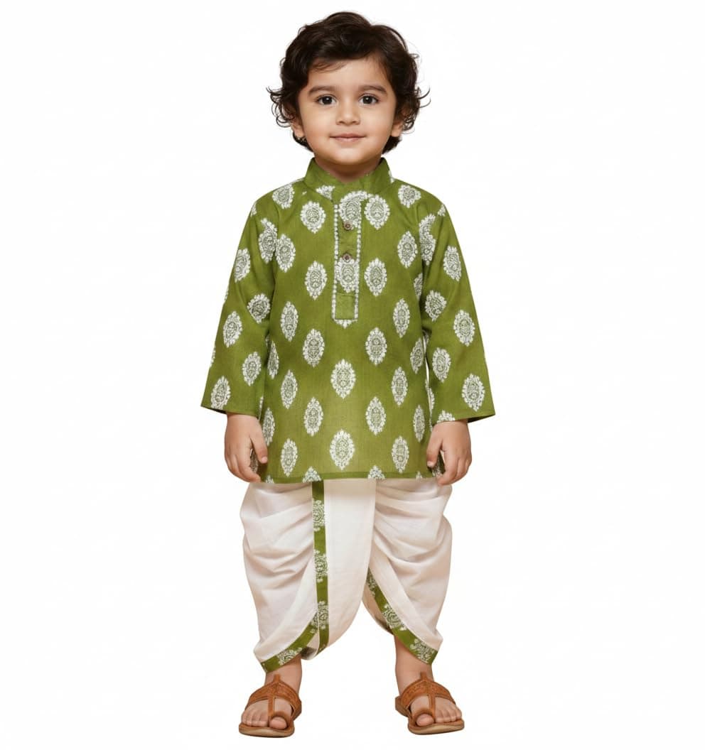 mustmom Kids Organic Cotton Floral Ethnic Wear Festival Organic Cotton Soft And Comfortable Dhoti Kurta Set Saraswati Puja Dress Panjabi For (Green,3-6 Months)