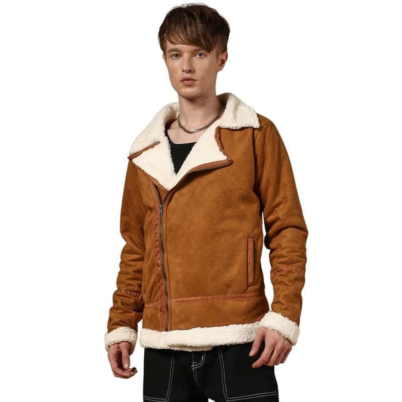 Campus Sutra Men's Tawny Brown Contrast-Fleece Suede Biker Jacket For Casual Wear | Lapel Collar | Long Sleeve | Zipper Closure | Jacket Crafted With Comfort Fit For Everyday Wear