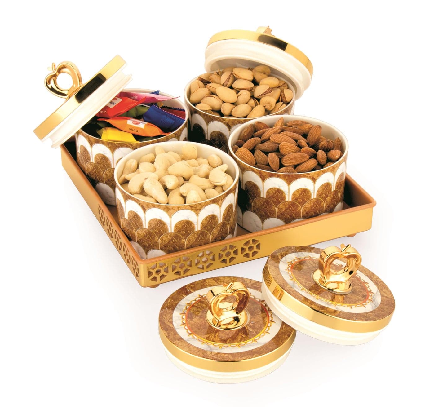 Nabhya Multipurpose Premium Design 4pc Plastic Snack & Dry Fruit Serving Set with Decorative Tray – 4 Elegant Lidded Jars for Nuts, Chocolates, and Sweets (Brown, Pack of 4)