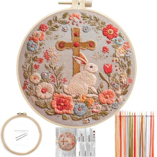 FONNUY Easter Rabbit Floral Cross Embroidery Kit Easter Egg Happy Rabbits Bunny Stamped Pattern Kits for Audlt Beginners Hand Works Crafts 8 x 8 Happy Bunny 02