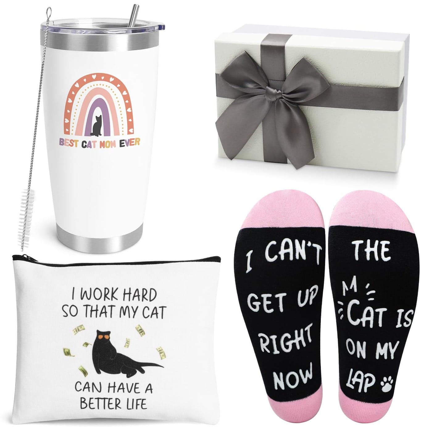 UAREHIBY Cat Mom Gifts for Women20 OZ Wine Tumbler Gift for Cats LoversCrazy Cat Lady Gift with Cosmetic BagFunny Cats Themed Things Stuff with Socks Birthday Gifts for WomenFriend
