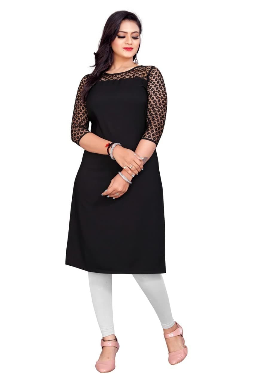 Dream Beauty Fashion Poly Net Straight Crepe Formal Casual Kurta/Kurti for Women and Girls (X-Large, Black)