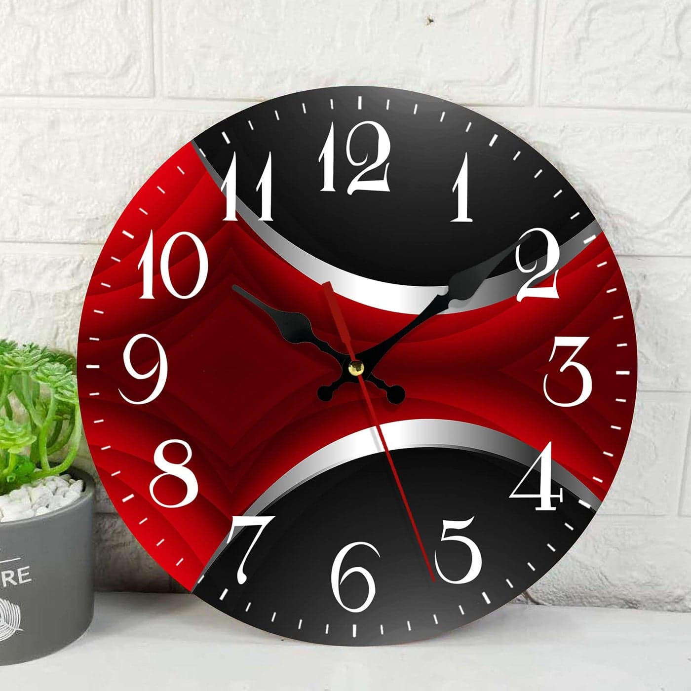 ArtSocket Wooden Wall Clock Silent NonTicking Red Black Grey Irregular Geometric Grid Stripe Abstract Vintage Round Wall Clocks Decor for Home Kitchen Living Room Office Battery Operated12 Inch
