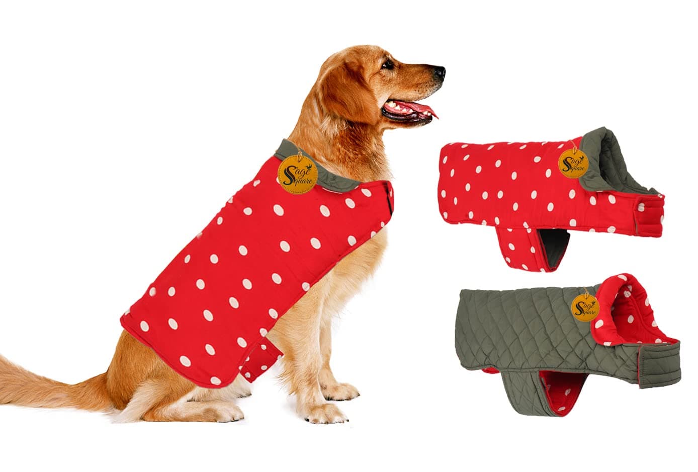 Sage Square Reversible Polka Dot Dog Winter Coat – Weatherproof Pet Jacket, Insulated, Adjustable, Soft & Snug for Warm & Cozy Comfort for Indoor & Outdoor Use (Red and Grey) (Medium - 18 Inches)