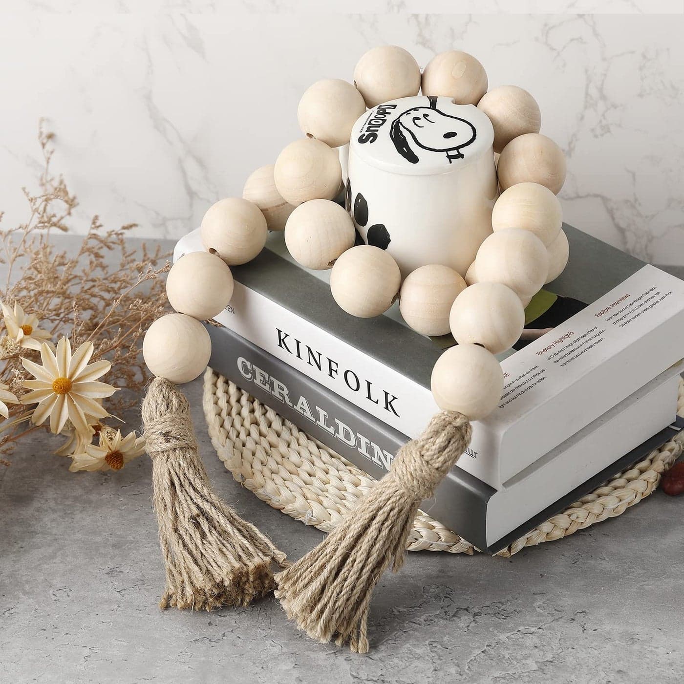 Farmhouse Decor Large Wood Bead Garland 50inch long with 16 Diameter beads Natural Wooden Beads Decor with Tassels Decorative Boho Country Decoration for Coffee Table Home Tiered Tray Wall Hanging