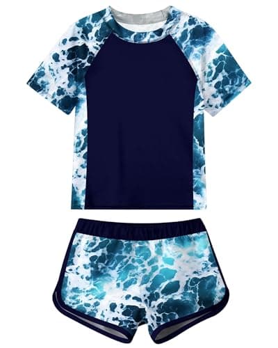 Idgreatim Girl Blue Bathing Suits Set with Shorts 3D Print Seawater Boyshort Swimsuits Quick Dry Swim Shirt 9-10 Years
