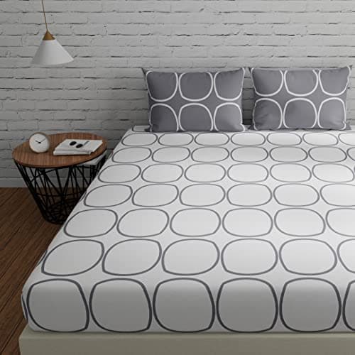 Huesland by Ahmedabad Cotton 144 Tc Cotton Elastic Fitted Bedsheets King Size with 2 Pillow Covers | 72X78 in, White & Grey