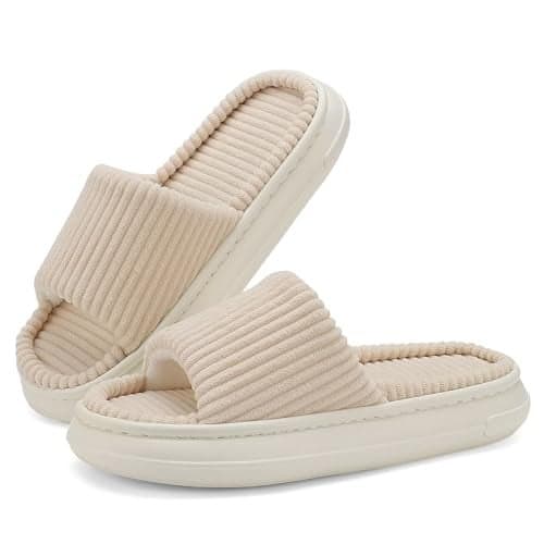 NineCiFun Women's Summer House Slippers Indoor and Outdoor Slip-On Home Bedroom Shoes Open Toe Memory Foam Slippers Wide Beige Women size 11 12 Men size 8.5 9