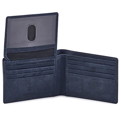 Cochoa Bifold Wallet for Men's Real Genuine Slim Leather RFID Blocking 2 ID Windows Stylish Travel Gift Box (CRAZY HORSE, NAVY)