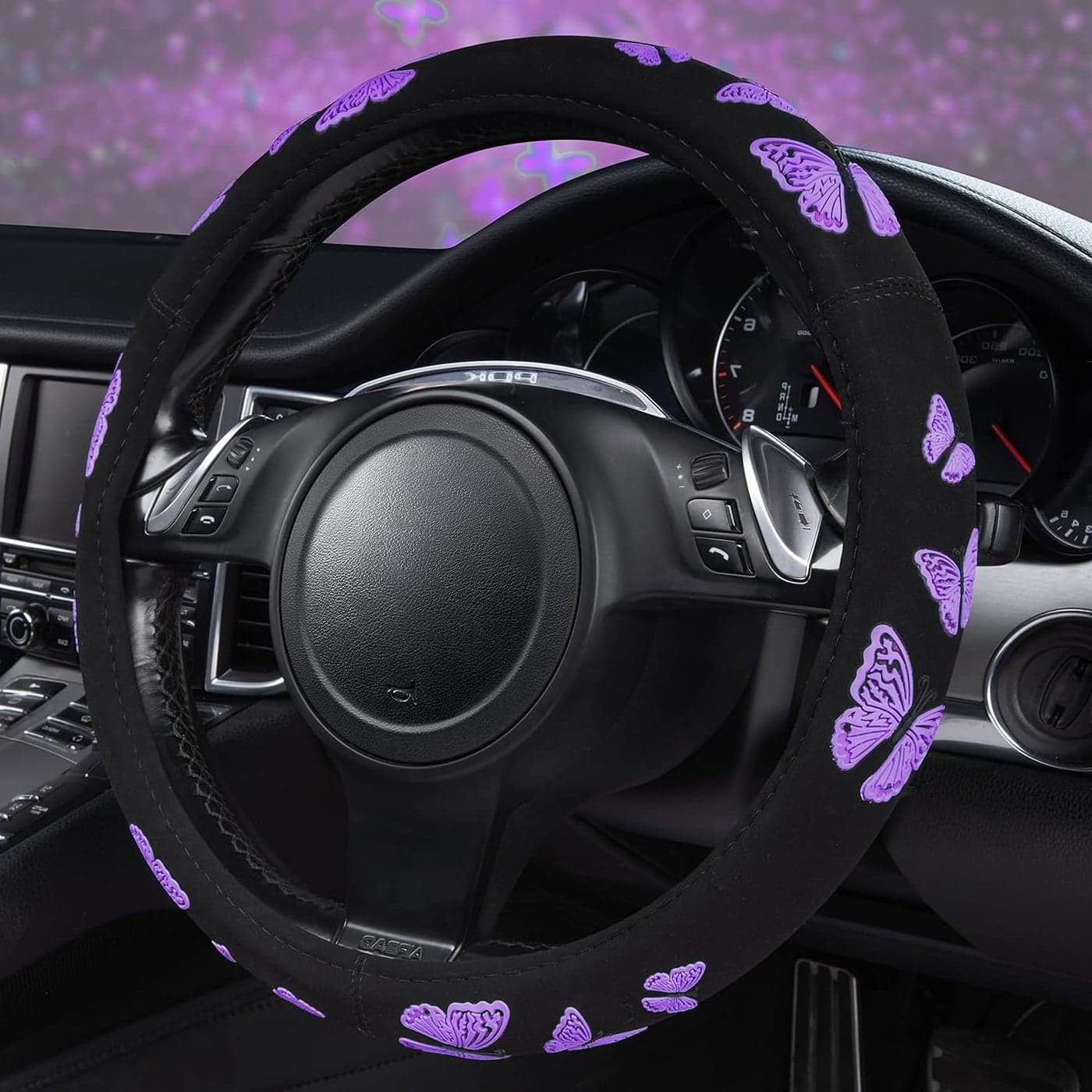 Car Pass Purple Butterfly Steering Wheel Covers 145 to 155 Car Wheel Cover Universal Fit for Suvs Small Trucks Sedans Cars for Cute Women Girly Black and Purple