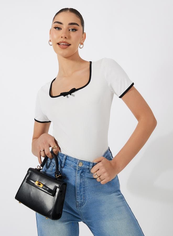 Solid Ribbed Top With Piping Detail & Square Neck