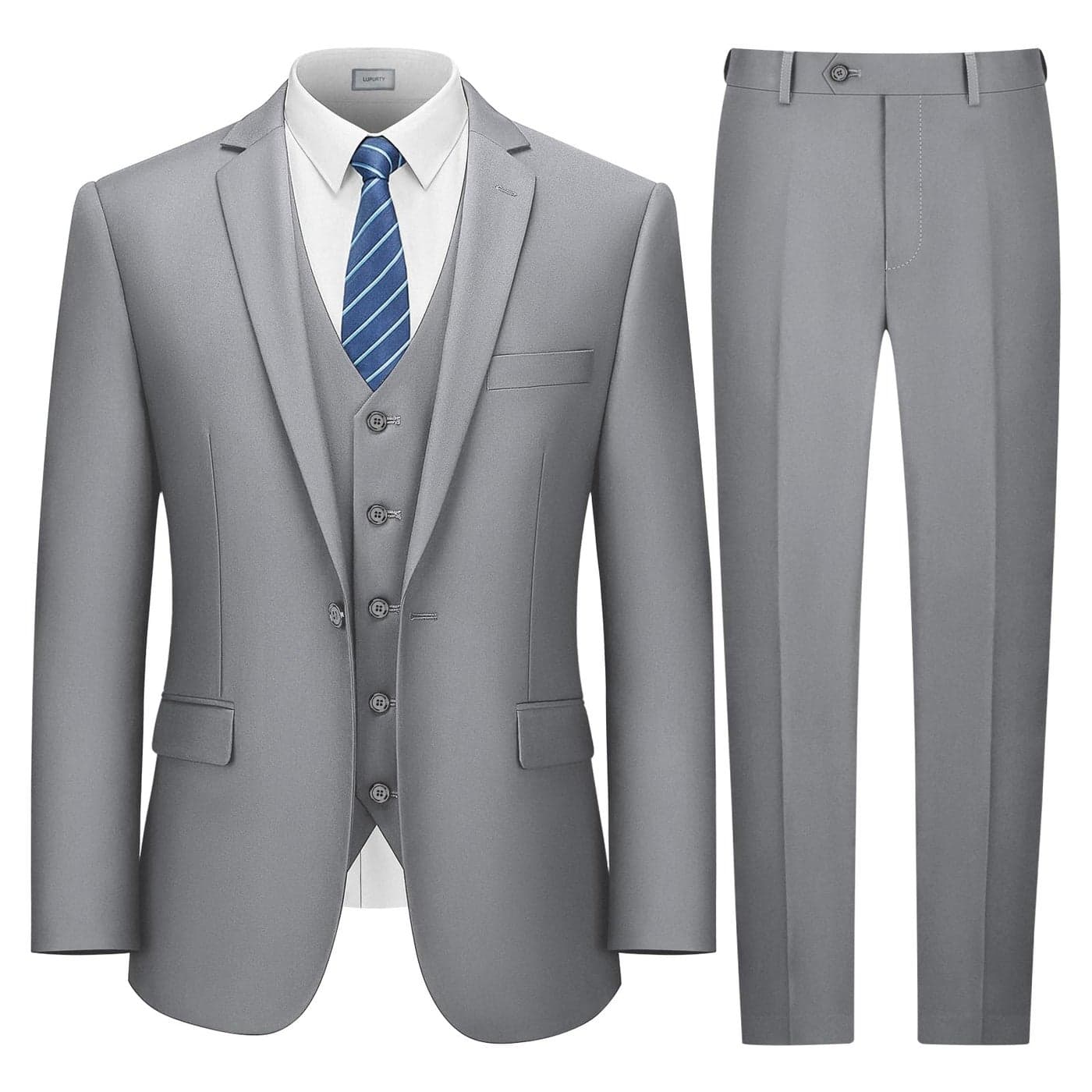 LUPURTY Suits for Men 3 Piece Mens Suit Slim Fit Solid Jacket Vest Pants with Tie One Button Tuxedo Set for Business Wedding Light Grey 4XL