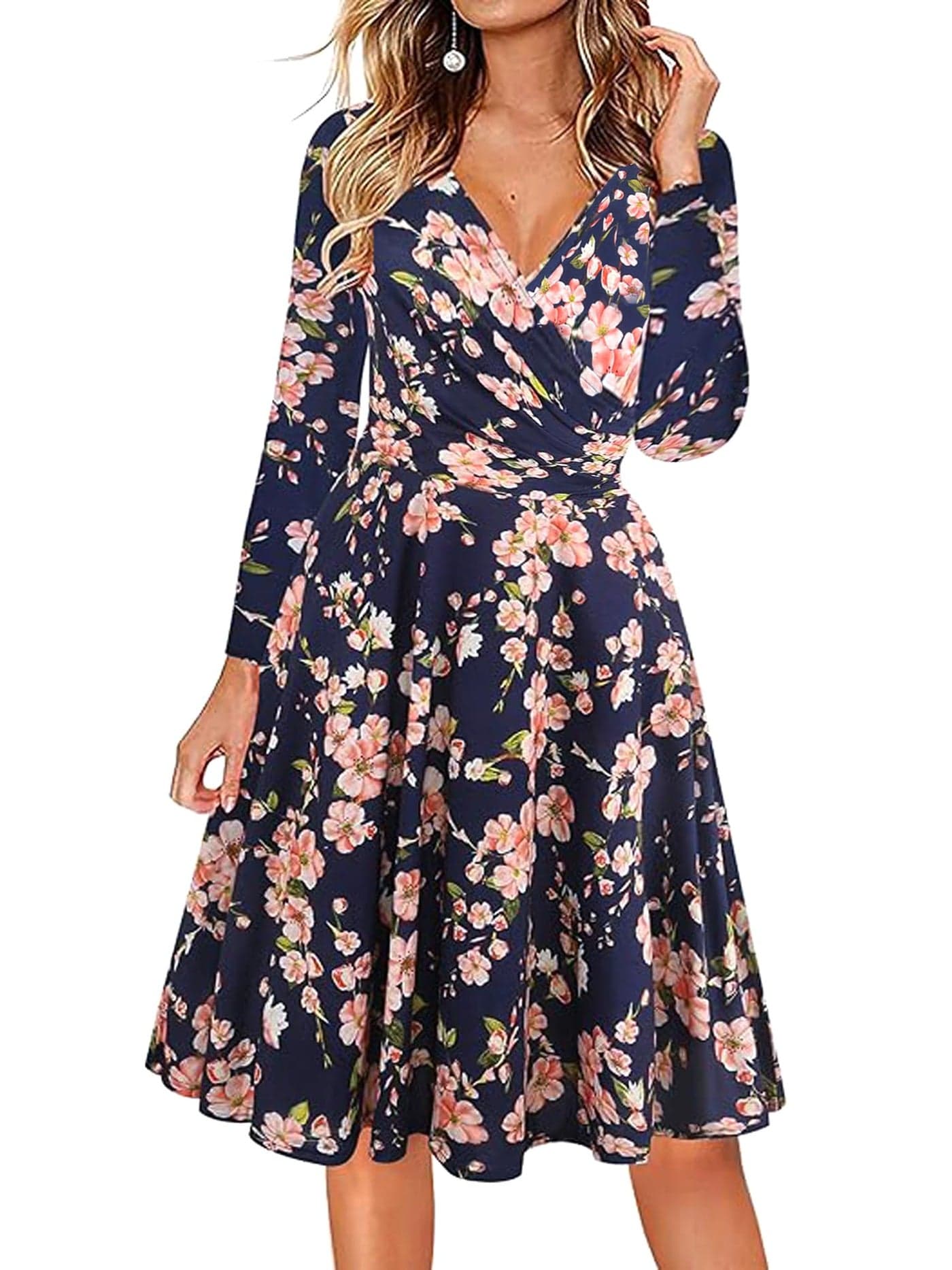 oxiuly Womens Casual Dresses CrissCross VNeck Floral Flare Midi Summer Dress OX233 M Blue Pink P9