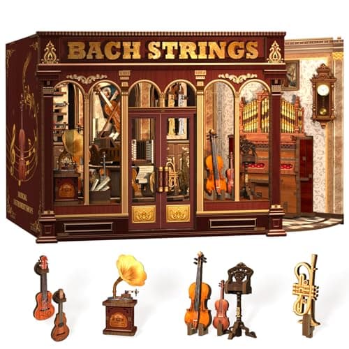 Fsolis Book Nook Kit DIY Scene Miniature Dollhouse Kit for Adults Bookshelf 3D Puzzles Booknook Music Tiny House Mini Room Craft Bookshelf Decor Gifts for Women Book Lovers Bach Strings