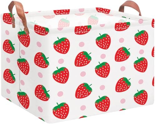 NTAOHAMPER Rectangular Storage Basket with Handles Cotton Canvas Fabric Strawberry Pattern Room Decor Gift Basket Book Box