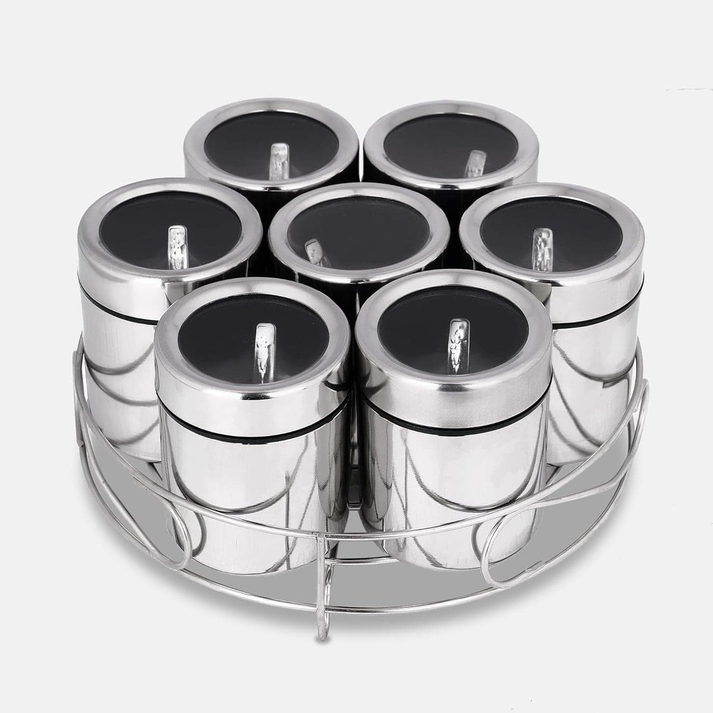 VISAXMI Spice Box Stainless Steel Masala Box for Kitchen Masala Dabba Steel Spice Organizer Spice Container Steel Containers 175ml Each 7 Container 7 Spoons 1 Stand Silver