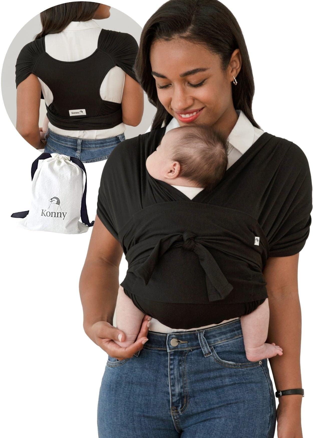 Konny New and Improved Baby Carrier Flex SoftBreezeIncludes Head Support Adjustable Easy to Wear and Wrap Baby Sling Perfect for Newborn Babies Essentials up to 44 lbs M4XL Black