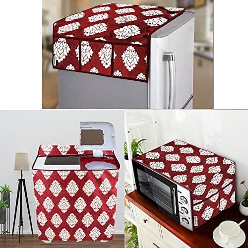 E-Retailer® Exclusive 3-Layered Polyester Combo Set of Appliances Cover (1 Pc. of Fridge Top Cover, 1 Pc. of Microwave Oven Top Cover and 1 Pc. Semi Automatic Washing Machine Cover) (Color-Maroon, Ethnic, Set Contains-3 Pcs.)