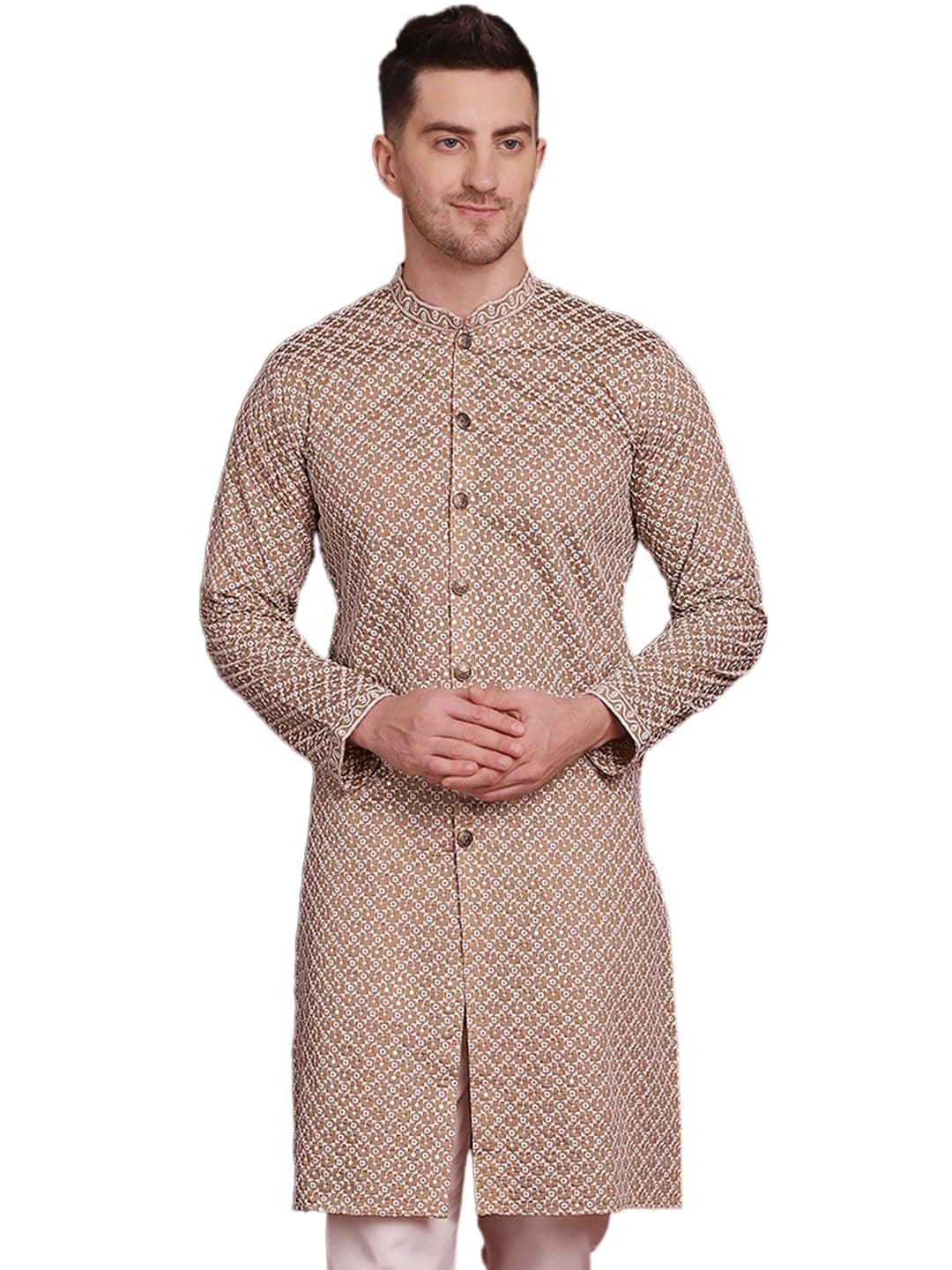 Jompers Men's Sequin Chikankari Front Open Kurtas (Beige, XL)