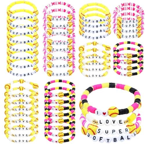 yesaior 48pcs Softball Bracelets 2026 Senior Sports Charm Player Gifts Beaded Ball Adjustable Clay Bracelets Jewelry Sports Gifts Supplies for Teen Adults (Softball)