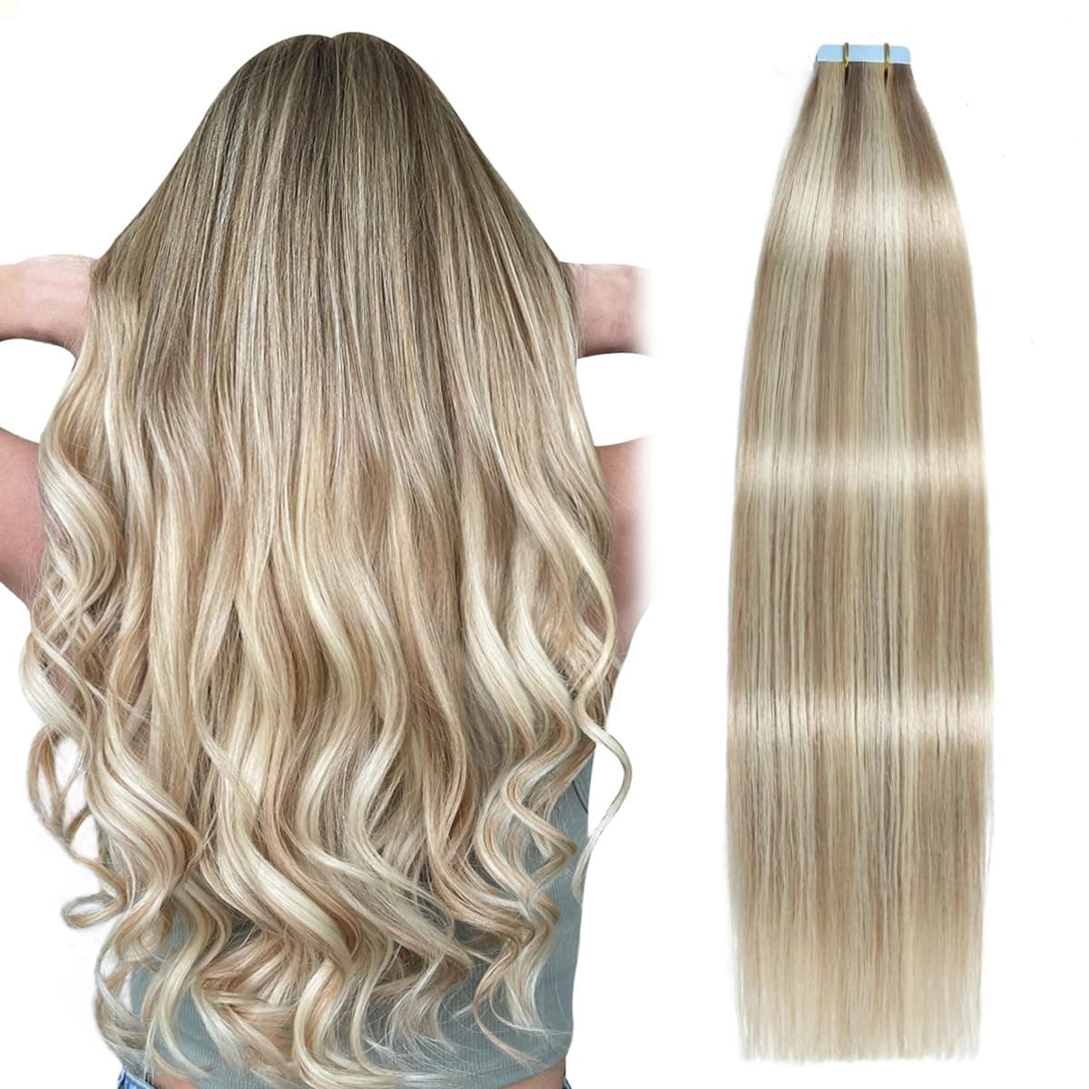SUYYA Tape in Hair Extensions Human Hair Ash Blonde Highlighted Bleach Blonde 14 Inch 40gpack 20pcs Straight Seamless Skin Weft Tape in Real Human Hair Extensions14inch P18613